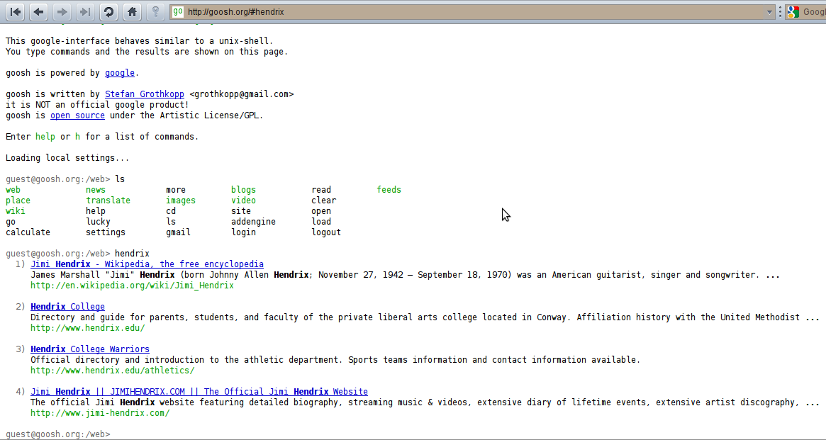 Google shell, результаты поиска информации о Хендриксе