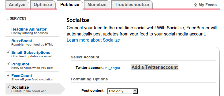 Подключение аккаунта Twitter в Feedburner
