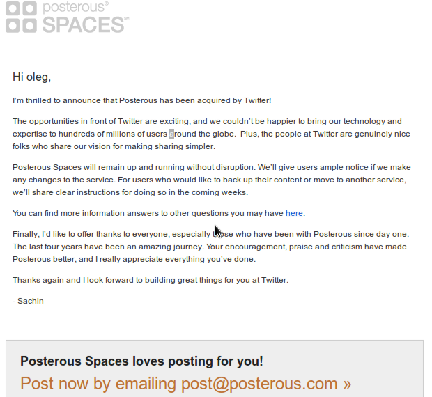 Twitter acquires Posterous, mail letter